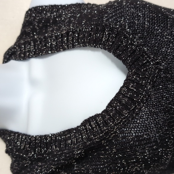 Black Silver Metallic Knit Dress with Pompom Front Vneck Size Medium - Picture 2 of 6